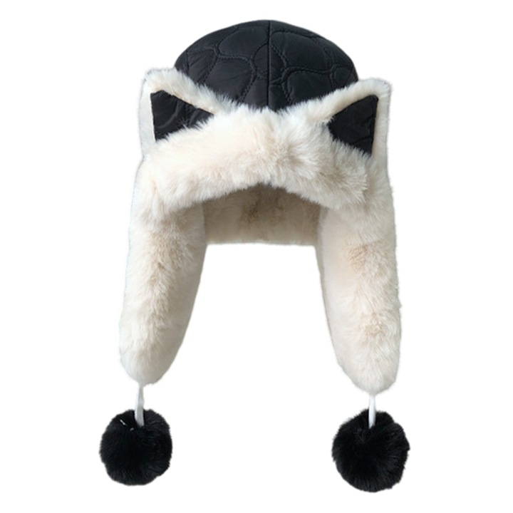 Caciula dama AMRINUGL, cu urechi de pisica, plus, alb/negru, 54-58 cm