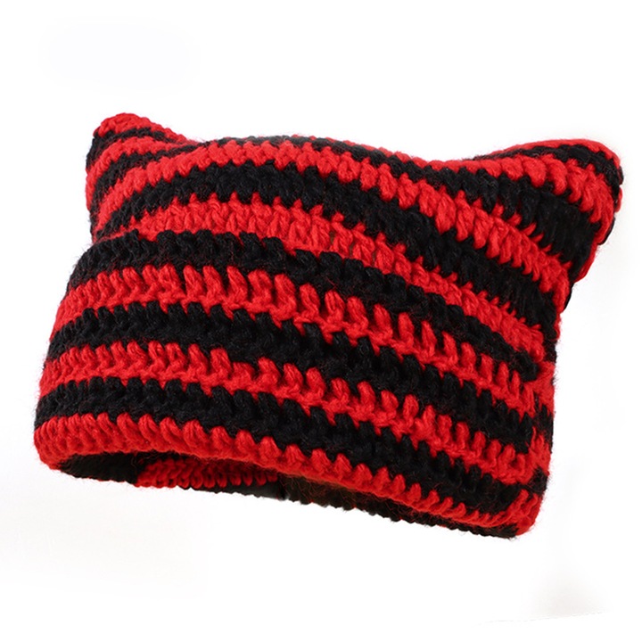 Caciula tricotata pentru femei, AMRINUGL, cu urechi de pisica, negru/rosu