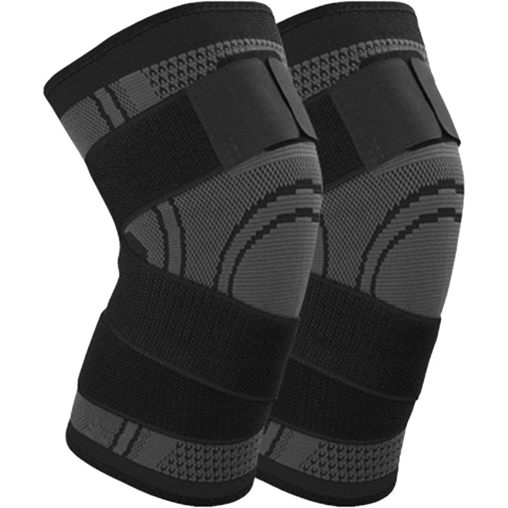 Genunchiera de compresie, set de 2, subtire, respirabila, usor de utilizat, curele ajustabile, marimea L, negru/gri