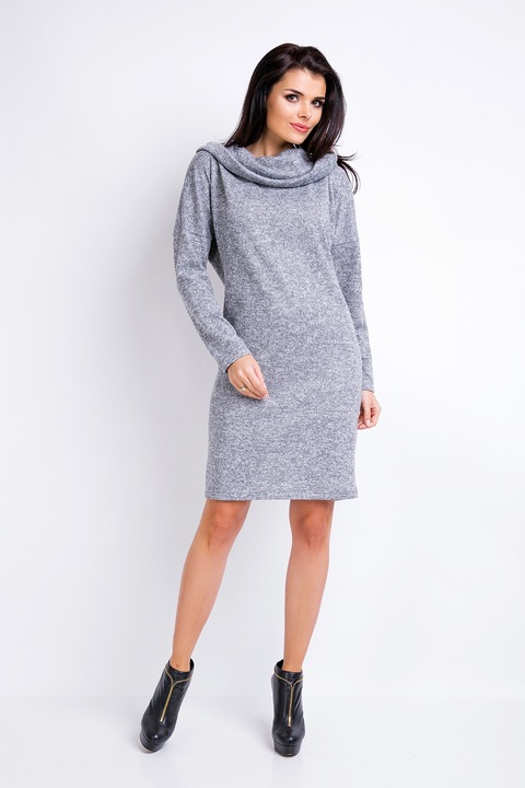 Rochie tip pulover, Awama, A161, S/M, Gri, gluga generoasa eleganta, lungime midi, tricot moale si calduros, croiala confortabila, ideala pentru zile racoroase