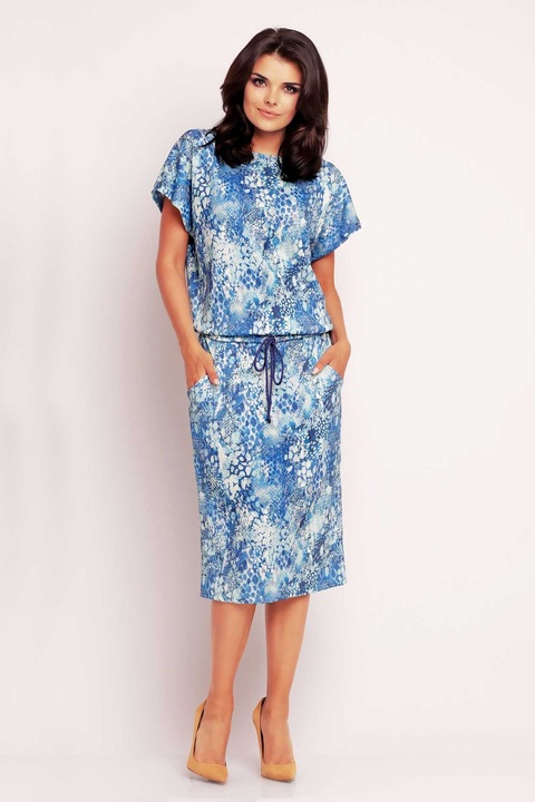 Rochie midi tip chimono, Awama, A145, S, Albastru, croiala lejera de vara, talie reglabila cu snur, buzunare practice, material confortabil, stil casual elegant