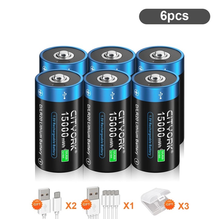 6 db újratölthető D elem készlet, 15000 mWh kapacitás, USB töltés
