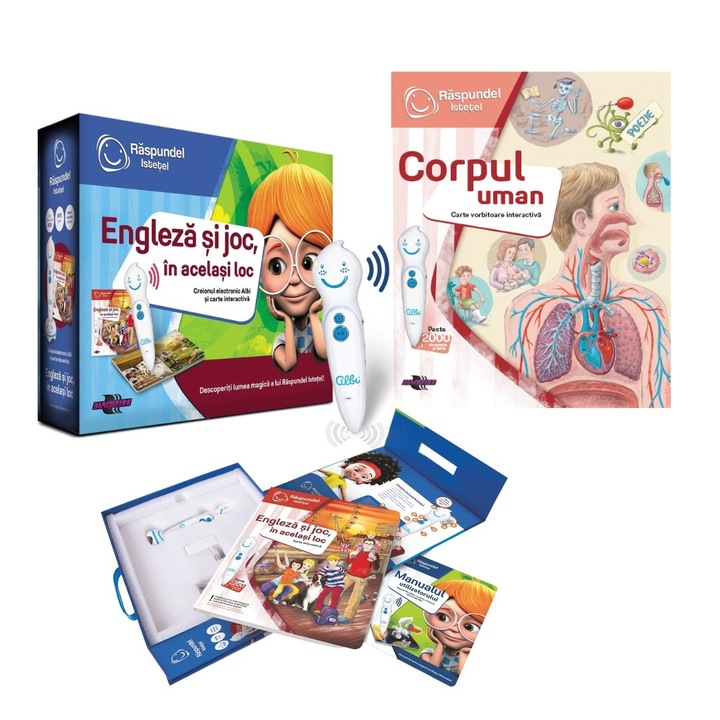 Pachet Raspundel Istetel - Set carte si creion Engleza si joc, in acelasi loc + carte Corpul uman