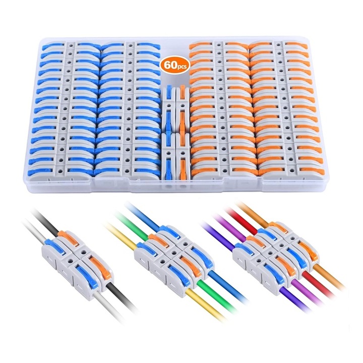 Set 60 bucati Conectori rapizi pentru conductori electrici, JENOUS®, cu levier is cutie de plastic, plastic, Portocaliu/Albastru