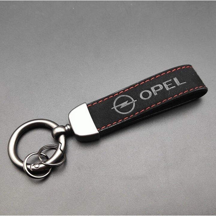 Autókulcstartó, Bőr/Fém, Opel modell, 13,3 x 2 x 2,5 cm, Fekete
