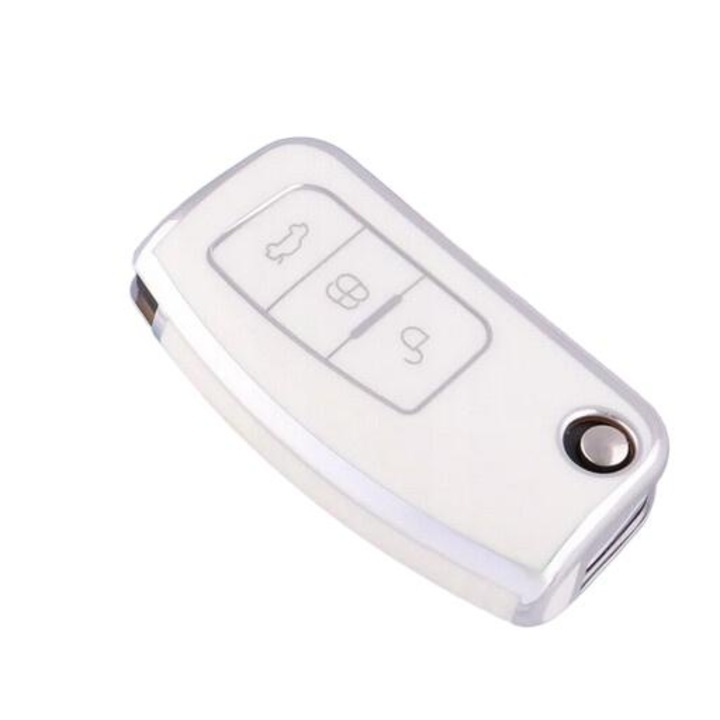 Кутийка за автомобилен ключ Ford, TPU, екрю със сребристи ръбове, съвместим с Ford Fiesta, Focus, Mondeo