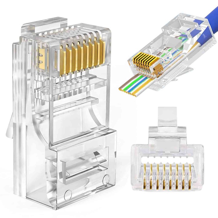 (Set 50 buc) Mufe RJ45 Cat 6 UTP Pass-Through, 8P8C, Pini Placati cu Aur 50μ, 10Gbps, Carcasa ABS/PC Transparenta