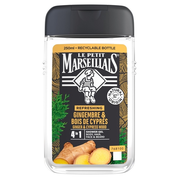 Gel de dus racoritor 4 in 1 pentru barbati Le Petit Marseillais, Ghimbir si lemn de chiparos, 250 ml