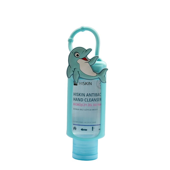 Gel antibacterian pentru maini Hiskin, 75 ml, etui delfin, parfum fructe de padure