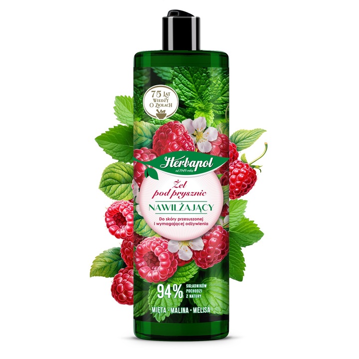 Hidratáló tusfürdő, Herbapol, Menta + Málna + Melissa, 400 ml