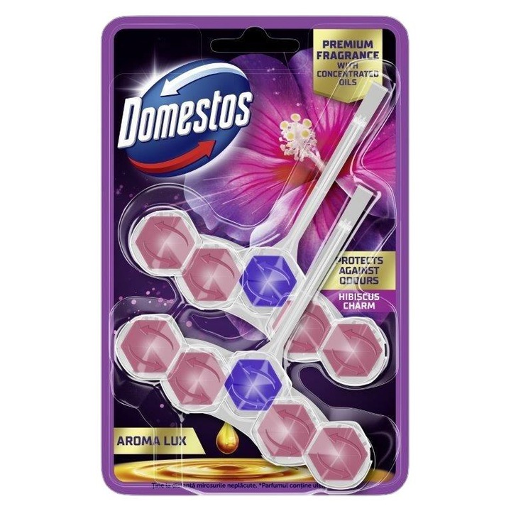 Ароматизатор за тоалетна, Domestos Unilever Power 5, Aroma Lux Hibiscus Oil & Wild Berries, 2 x 55 g