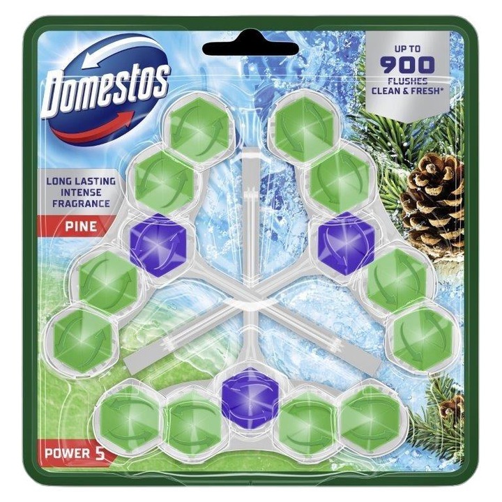 WC-frissítő, Domestos Unilever Power 5, 50 g, fenyő, 3 db-os készlet