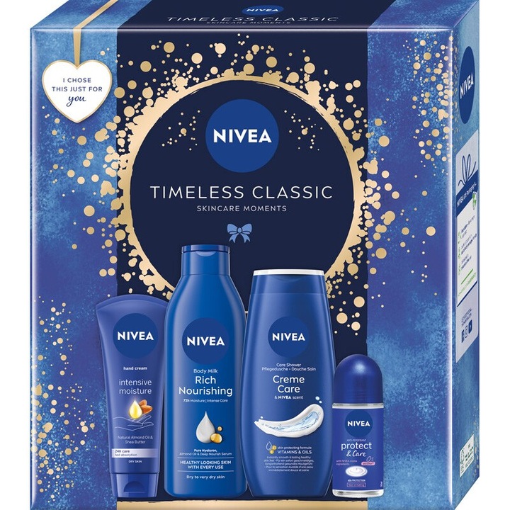 Tusfürdő/kézkrém/roll-on izzadásgátló/testápoló szett, Nivea, 250 ml/100 ml/50 ml/250 ml