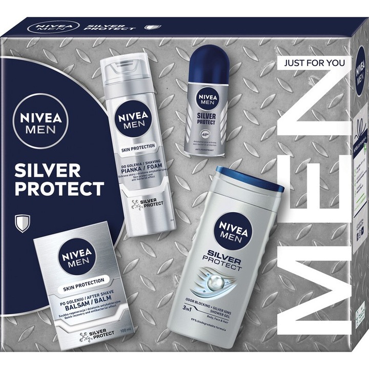 Set gel de dus 250ml/spuma de ras 200ml /balsam 100ml/antiperspirant 50ml pentru barbati, Nivea, Men Silver Protect