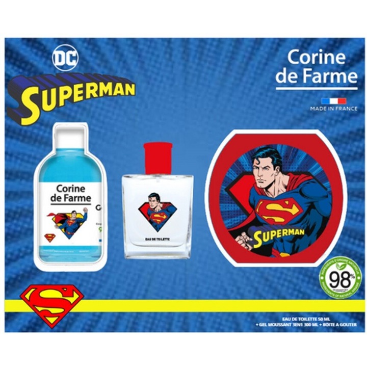 Gyerekkészlet Corine de Farme, Superman, eau de toilette 50 ml, habzó gél 3 az 1-ben 300 ml, fás-citrus illat