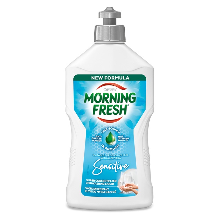 Detergent vase Sarantis Morning Fresh Sensitive, 400 ml, cu extract de aloe vera, super concentrat