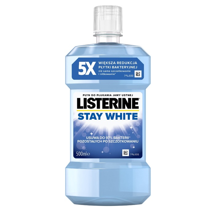 LISTERINE Stay White вода за уста 500 мл, 24 часова защита, намалява бактериалната плака
