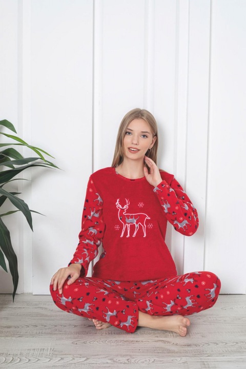 Pijama cocolino dama, imprimeu Craciun reni, rosu 314 7336, Rosu