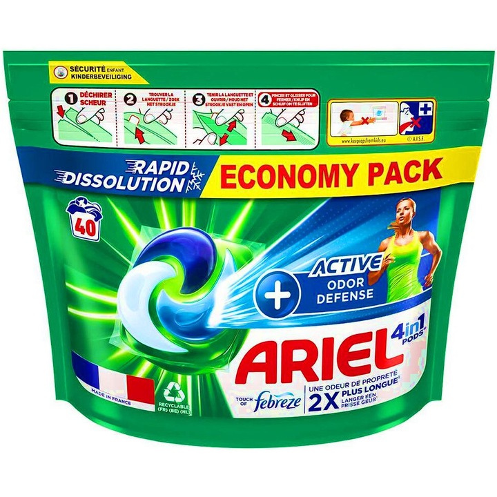 Перилен препарат на капсули Ariel, 40 броя, Active Odor Defense, многоцветен