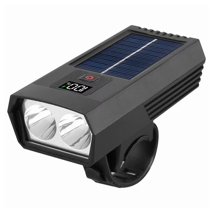 Első kerékpáros fényszóró, első lámpa, kerékpár első lámpa, 200 lumen, széles látószög 155 fok, LED zseblámpa, napelemes és USB töltés, 650 mAh akkumulátor, univerzális illeszkedés, digitális kijelző