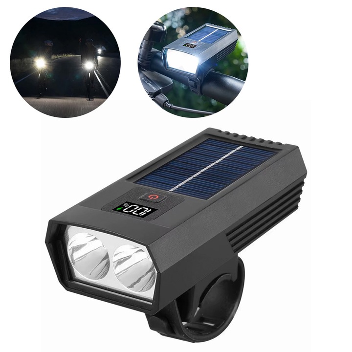 Фар за велосипед, предна лампа, предна светлина за велосипед, 200 лумена, широк ъгъл на видимост 155 градуса, LED фенер, соларно и USB зареждане, батерия 650 mAh, универсално прилягане, цифров дисплей