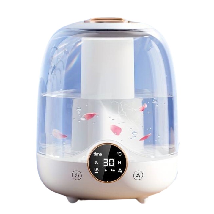 Umidificator de aer ultrasonic, Rezervor 3L, Reglabil in 3 drepte, Lampa de veghe in 7 culori, Digital display, Temporizator, Ideal pentru orice tip de incapere, Silentios, 3 seturi de filtre, Culoare Alb cu auriu, Incarcare USB