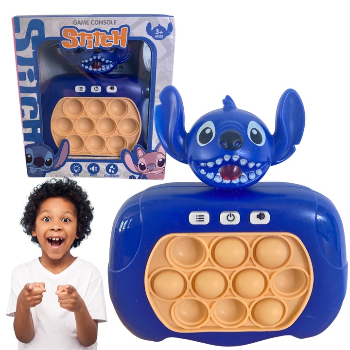 Jucarie Pop It Electronic, Stitch, Automat, Push Bubble, Albastru Inchis cu sunete si lumini, stich, fara ecran