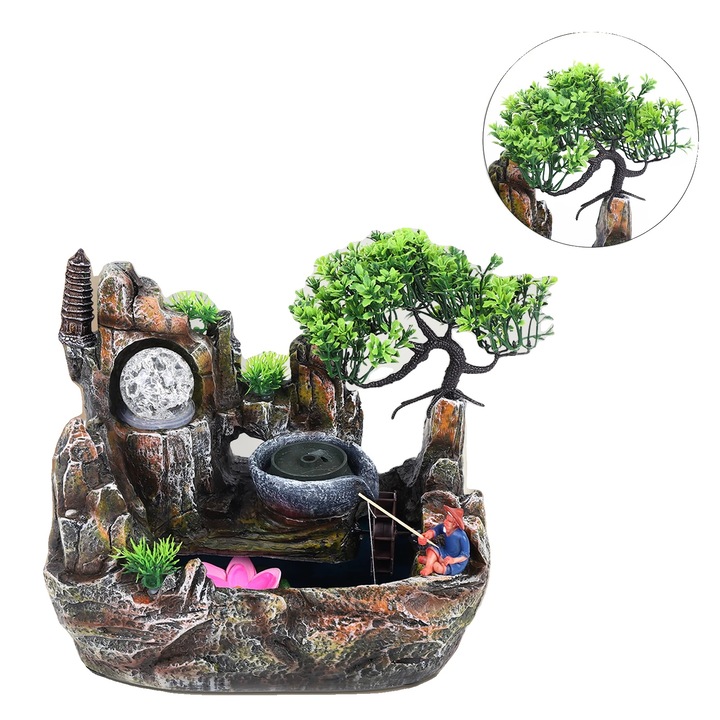 Fantana interioara cu LED-uri colorate, design elegant din rasina, control natural al umiditatii, 30x18x26cm