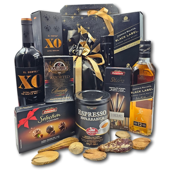 Pachet cadou elegant, CADOURI PREMIUM®, model Luxury Dream, cu doua bauturi de colectie, cafea premium Saquella Italia, ceai special Basilur, o selectie de surprize dulci din gama de lux si accesorii perfect asortate pentru un efect wow garantat