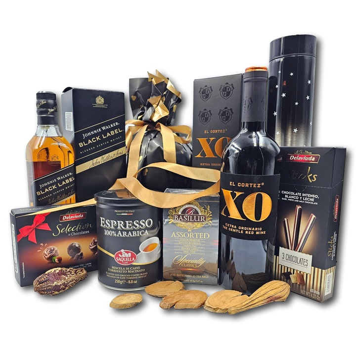 Pachet cadou elegant, CADOURI PREMIUM®, model Luxury Dream, cu doua bauturi de colectie, cafea premium Saquella Italia, ceai special Basilur, o selectie de surprize dulci din gama de lux si accesorii perfect asortate pentru un efect wow garantat