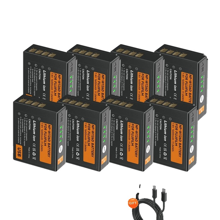 Set 8 baterii NP-W126, 1600mAh, port de incarcare Type-C