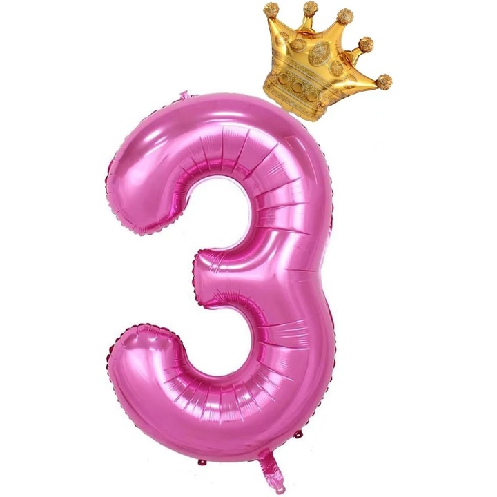 Балон от фолио, фигурка, цифра и корона, тема "Годишнина", 100 см, индивидуална опаковка, включена сламка, надуване с въздух или хелий, розов, цифра 3