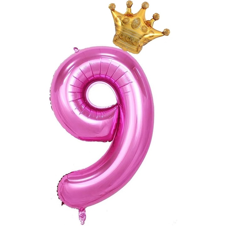 Балон от фолио Leski, фигурка с цифра и корона, тема рожден ден 100 см, индивидуална опаковка, включена сламка, надуване с въздух или хелий, розов, цифра 9