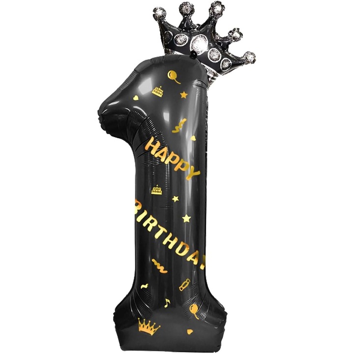 Balon din Folie Metalizata Cyrax, Figurina Cifra si Coroana, Scris Happy Birthday, Tema Aniversare 100 cm, Ambalaj Individual, Pai inclus, Umflare cu Aer sau Heliu, Negru, Cifra 1