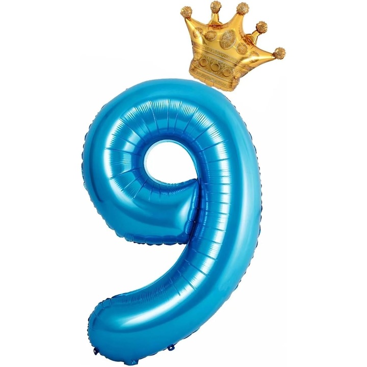 Балон от фолио Leski, фигурка с цифра и корона, тема "Юбилей" 100 см, индивидуална опаковка, включена сламка, надуване с въздух или хелий, син, цифра 9
