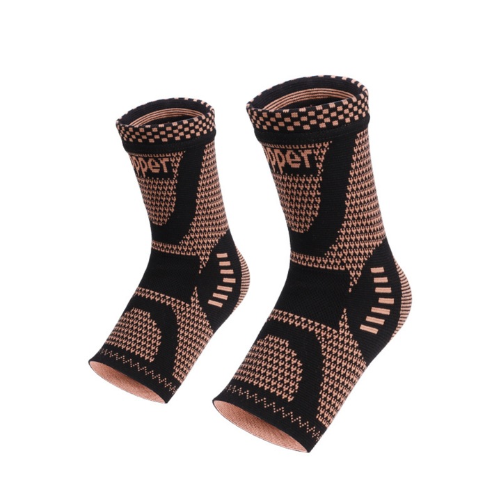 Set 2 sosete de compresie pentru glezna cu fir de cupru, unisex, sport, alinarea durerilor de picioare, M(39-42), Negru/Beige