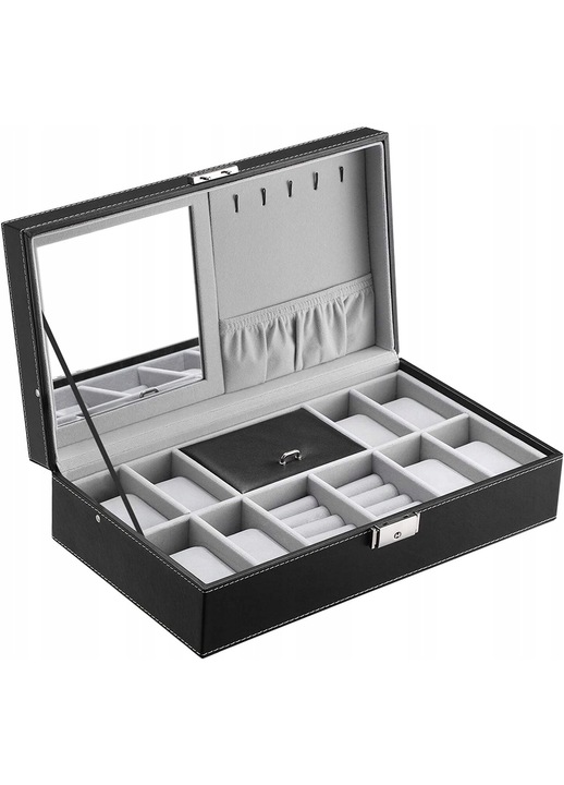 Cutie pentru ceasuri Luka, cu oglinda, 8 compartimente pentru ceasuri, 2 pentru inele, neagra, 33.3x19.3x9.5 cm