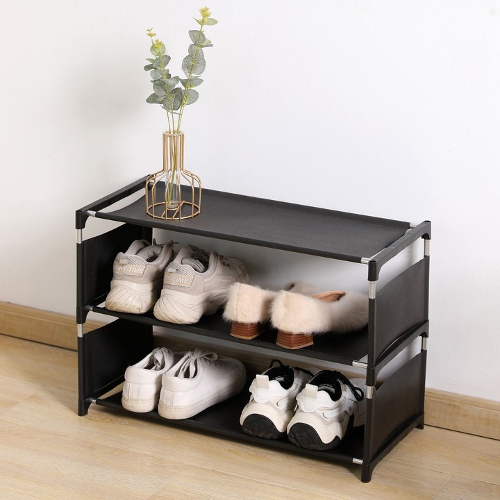 Suport Pantofi Textil, Model 3 Rafturi, Culoare Negru, Dimensiuni 57x28x34cm