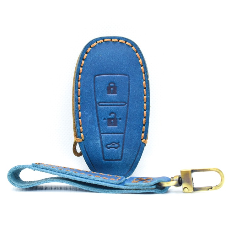 Husa cheie keyless 3 butoane Suzuki, din piele, albastru