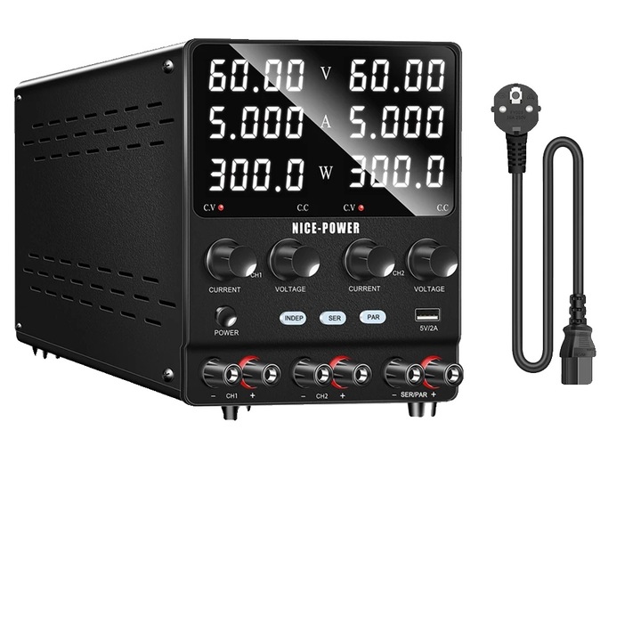 Лабораторно захранване, двоен канал, множество изходни режими, 60V 5A, 220V