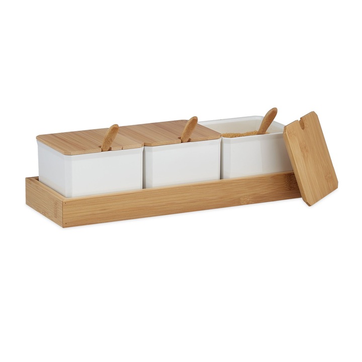 Set 3 recipiente condimente, capace, lingurite si suport din bambus, alb, 11 x 30 x 13 cm, Kraftpunkt®