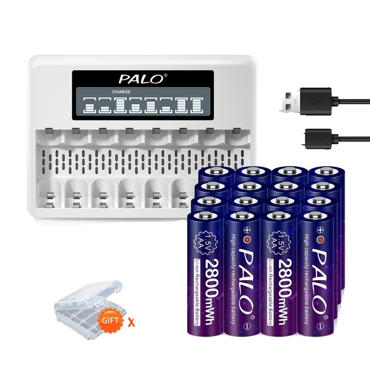 Set 16 Baterii AA Li-ion Reincarcabile cu Incarcator si Cablu USB, 2800mWh, 4 Carcase pentru Baterii