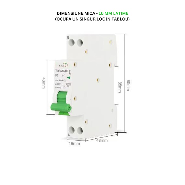 Siguranta electrica automata diferentiala Tip A, Curba B, RCBO 1P+N 6000 AC 30mA 16A, IEC/EN 61009-1