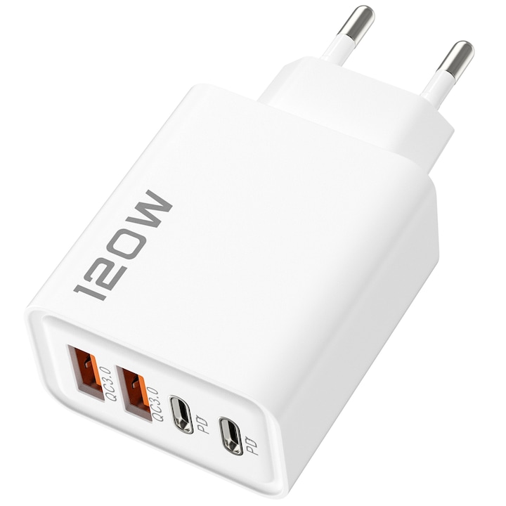 Зарядно за мобилен телефон и таблет, 120W бързо зареждане двоен PD адаптер, 2 USB+2PD, бял