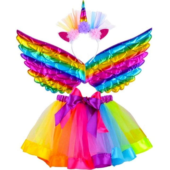 Costum unicorn CLASStitude, compus din bentita, aripioare si fustita stil tutu, realizat din bucati de tul, ideal pentru petreceri si serbari, 3-6 ani, Multicolor