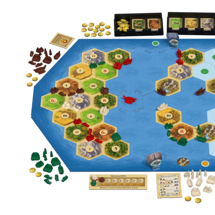 idealStore CATAN Társasjáték – Kalózok és felfedezők bővítmény, 5-6 játékos, 44 figurát tartalmaz, 12 régiót, 6 tokent, 2 figurát, szabályokat tartalmaz, ajánlott életkor 12 év felett