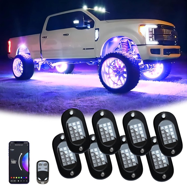Set 8 lumini ambientale auto LED RGB, control prin aplicatie si telecomanda, sincronizare muzica, aprindere la franare, impermeabile IP68, pentru SUV offroad, camioneta, ATV, motocicleta, carenaj auto