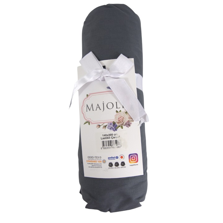 Cearsaf de pat cu elastic Majoli Bahar Home Collection, 100% bumbac ranforce 144TC, 120x200+30 cm, Gri antracit