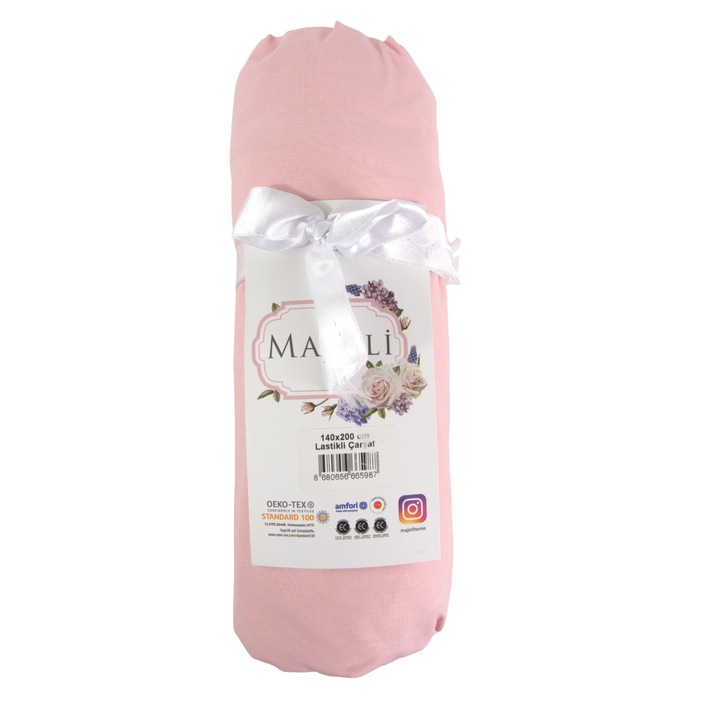 Cearsaf de pat cu elastic Majoli Bahar Home Collection, 100% bumbac ranforce 144TC, 160x200+30 cm, Roz