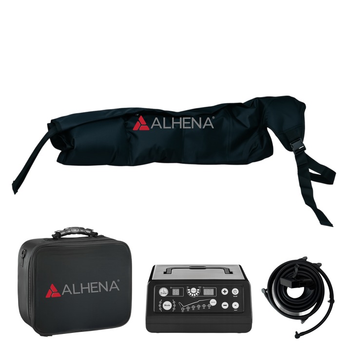 Aparat Presoterapie Profesional, Alhena® M-PRO 3001, Aparat Drenaj Limfatic, 1 X 4 Camere Compresie Aer, 6 Programe Masaj Si Drenaj Limfatic, Presiune Reglabila 30-250 mmHg, Terapie Recuperare Medicala Si Refacere Musculara, Marime L, Negru